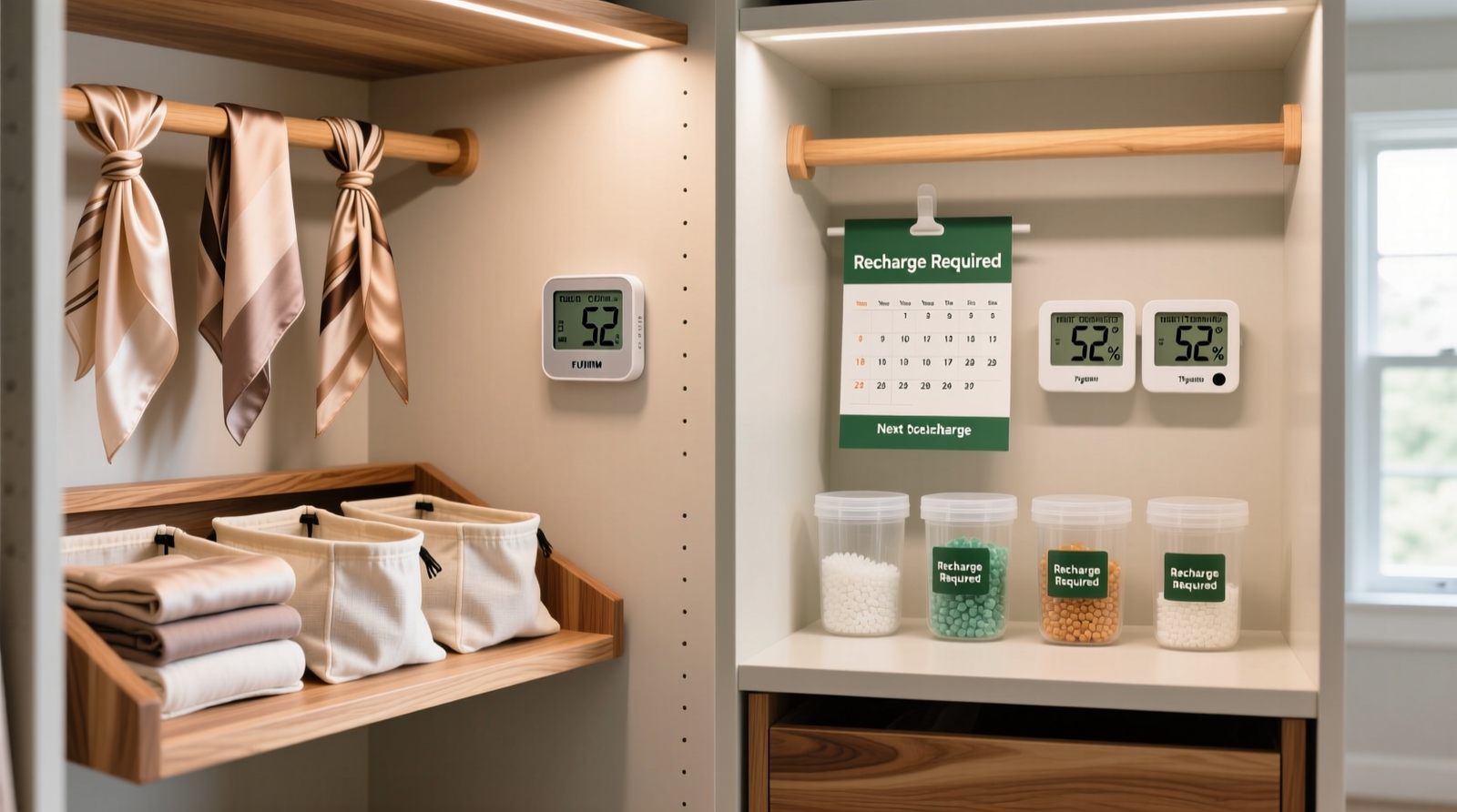Side-by-side closet setup: left side shows silk scarves folded in cotton bags on cedar-lined shelf with visible climate monitor on wall; right side shows silica gel canisters, labeled recharge calendar, and thermometer/hygrometer display reading 52% RH