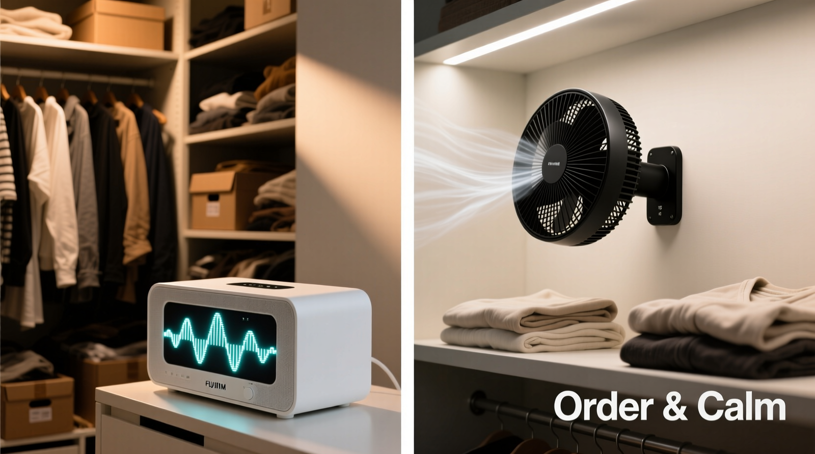 Side-by-side visual: left shows a white noise machine blinking with digital display beside a cluttered closet; right shows a compact, matte-black ambient fan mounted on a wall bracket, angled upward, with clean folded clothes visible in soft light