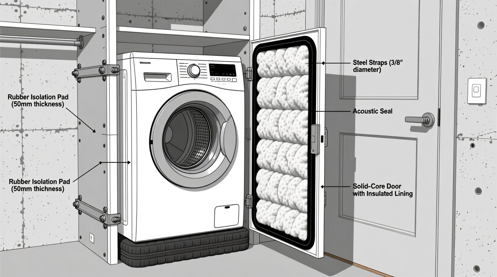 Side-by-side diagram showing a standard closet door with visible gaps and vibration paths versus a modified closet with acoustic caulk seals, MLV-lined door, weighted curtain, and isolation pads beneath washer