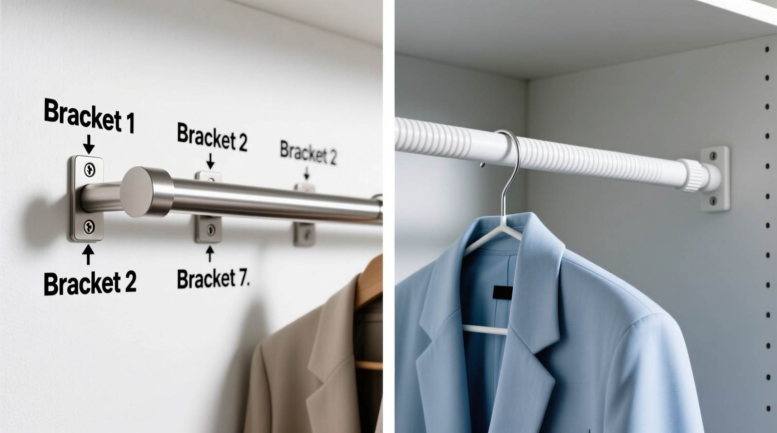 Side-by-side closet installation: left shows dual-tier adjustable rods with labeled heights (36" and 84") and labeled garment zones; right shows sagging telescoping rod with maxi dress hem touching floor and crop tops obscured behind longer garments