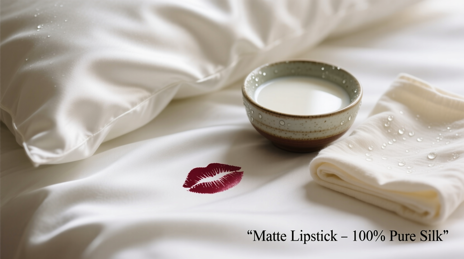 Close-up of a white silk pillowcase with a fresh red lipstick stain, next to a small ceramic bowl of chilled milk and a folded ivory cotton cloth, all arranged on a marble surface under soft natural light