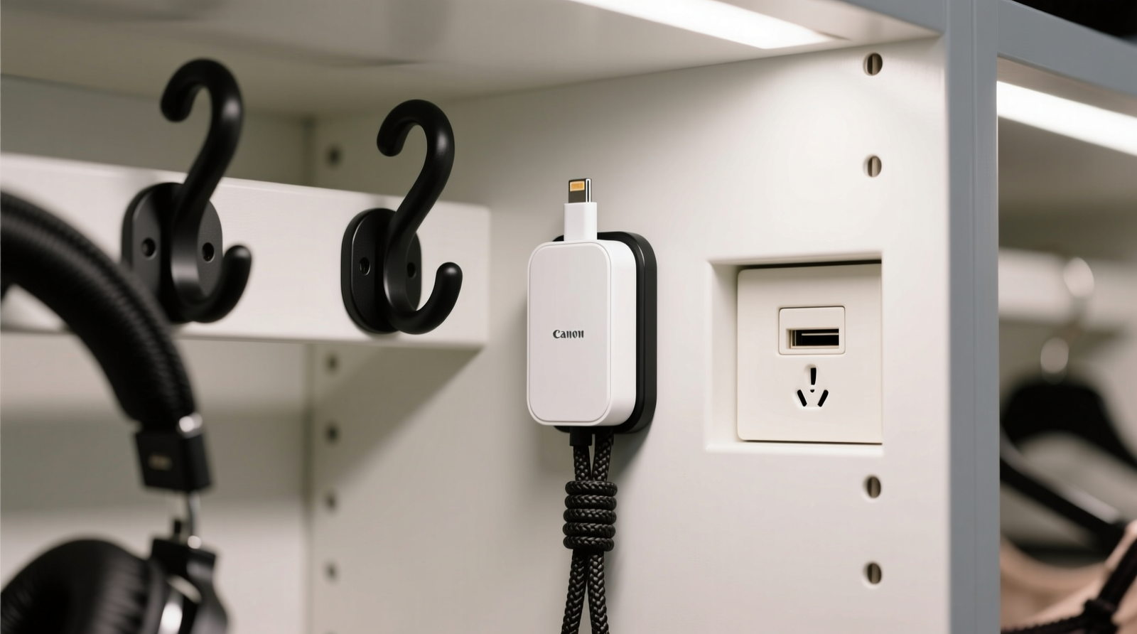 Close-up photo showing matte-black headphone hooks and a slim white USB-C charging dock mounted vertically on the smooth interior side panel of a white reach-in closet, with neatly tucked braided cable running downward behind the panel into a recessed outlet box