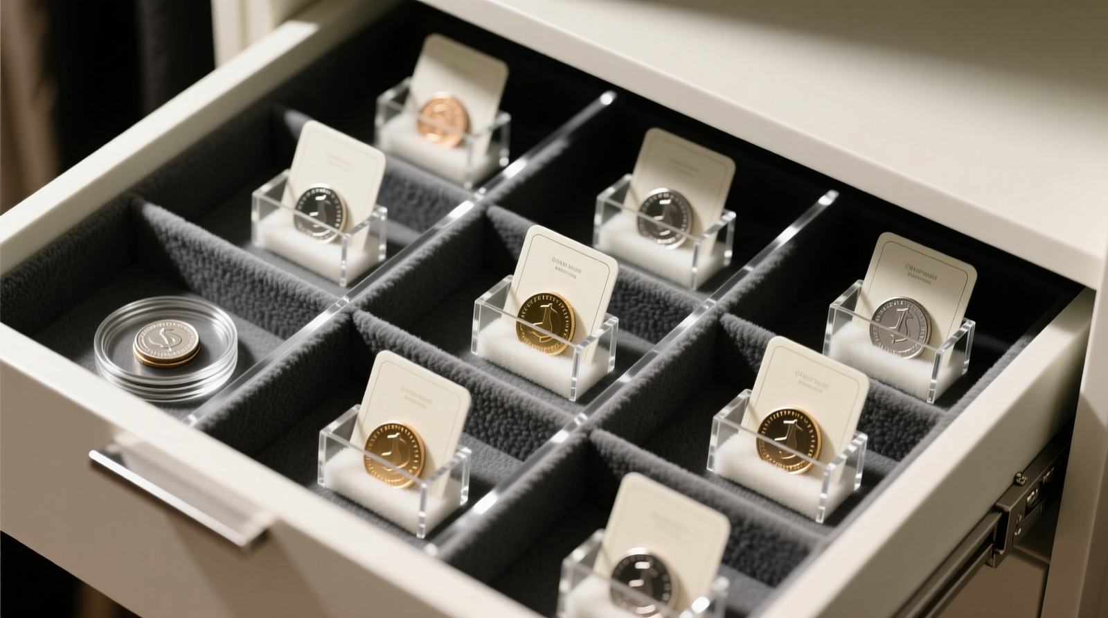 Overhead photo of a closet drawer organized with shallow acrylic dividers, each holding rigid coin holders and upright pin cards on foam backings, all lined with uniform charcoal microfiber