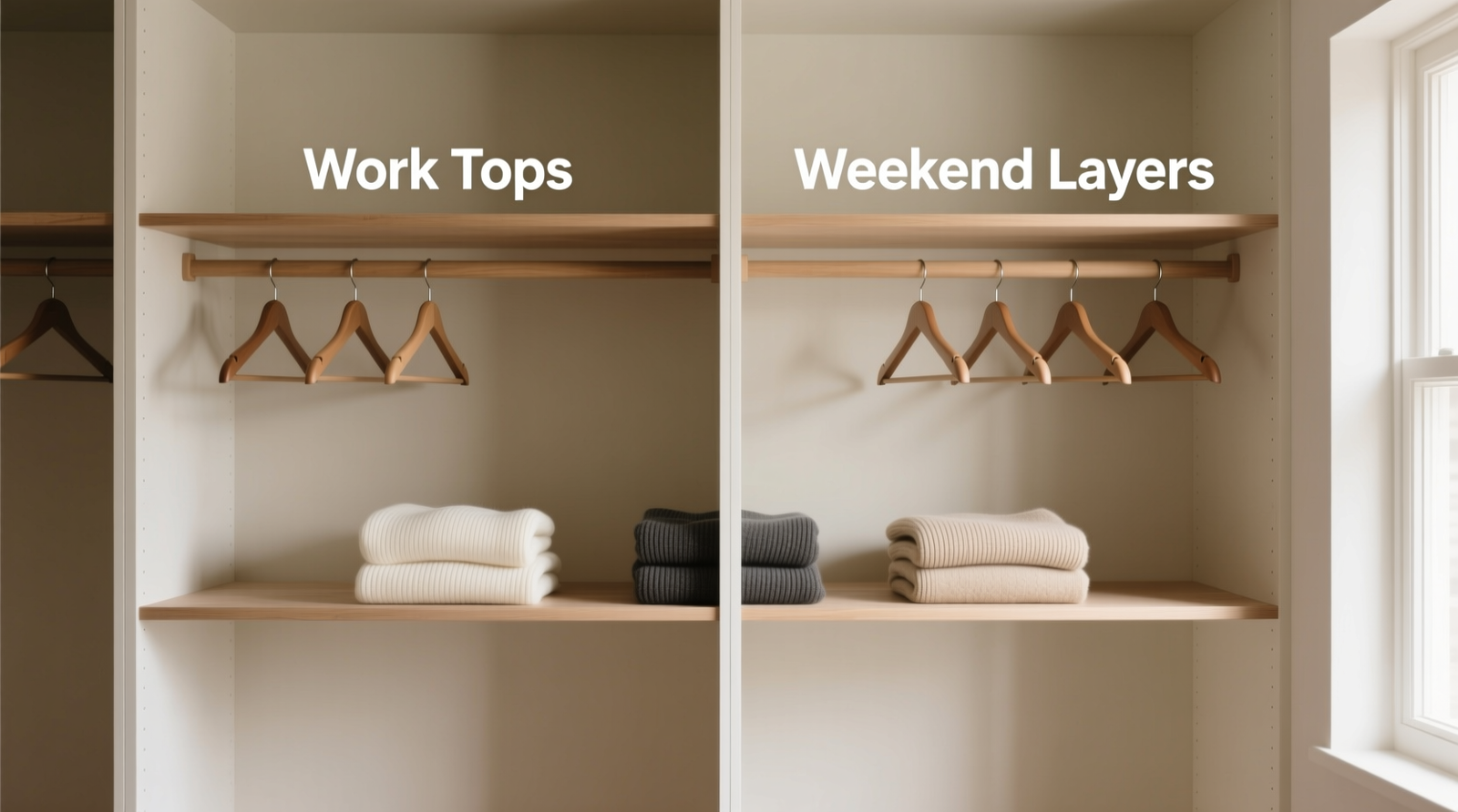 A minimalist closet section showing three clearly defined zones: left—upright journals in neutral linen boxes with handwritten labels; center—a walnut tray holding amethyst, rose quartz, and black tourmaline in individual felt-lined indentations; right—a draped weighted blanket on a matte-black padded hanger, all against soft beige walls and warm ambient lighting