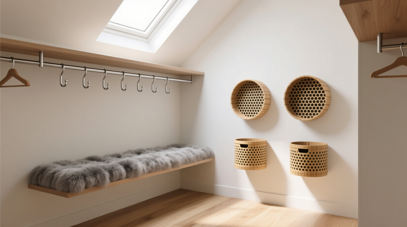 A minimalist, light-filled walk-in closet with a floating shelf nook at knee height, lined in soft gray faux fur, with brushed-metal hooks beneath and two circular ventilated bamboo bins mounted neatly on the adjacent wall