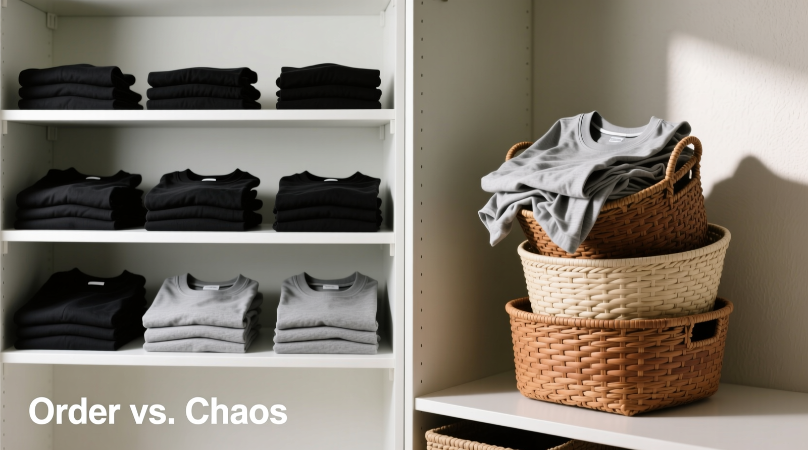 Two side-by-side closet shelf comparisons: left shows rigid white shelf risers holding neatly folded black and gray t-shirts in clear horizontal rows; right shows mismatched woven tiered baskets with partially visible, rumpled t-shirts and one basket tipping forward