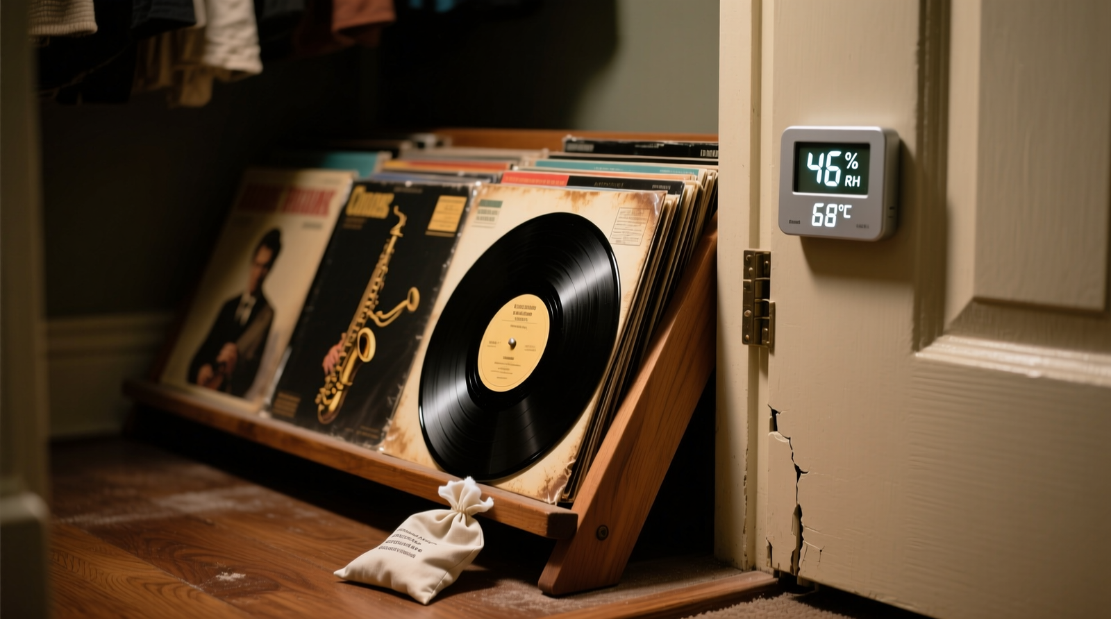 Close-up of vinyl records on a tilted wooden rack inside a closet, with visible ½-inch gaps between jackets, a cotton-wrapped silica gel pouch on the floor, and a digital hygrometer mounted on the door frame showing 46% RH and 68°F