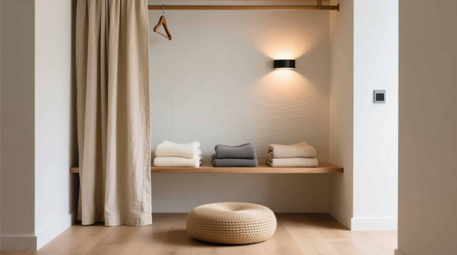 A minimalist closet nook: beige linen panel partially drawn, revealing a low wooden shelf holding folded neutral-toned knits, a round meditation cushion on light oak flooring, and a softly glowing wall sconce above. No visible hangers, wires, or digital devices.