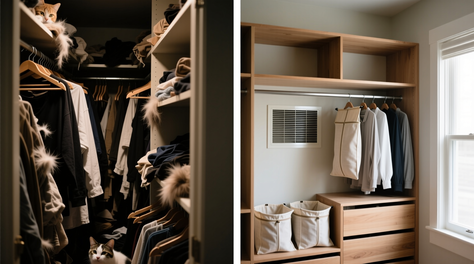 Side-by-side comparison: left shows cluttered closet with visible pet hair on hangers and shelves; right shows organized closet with cotton garment bags, matte wood shelves, and discreet HVAC filter behind return vent