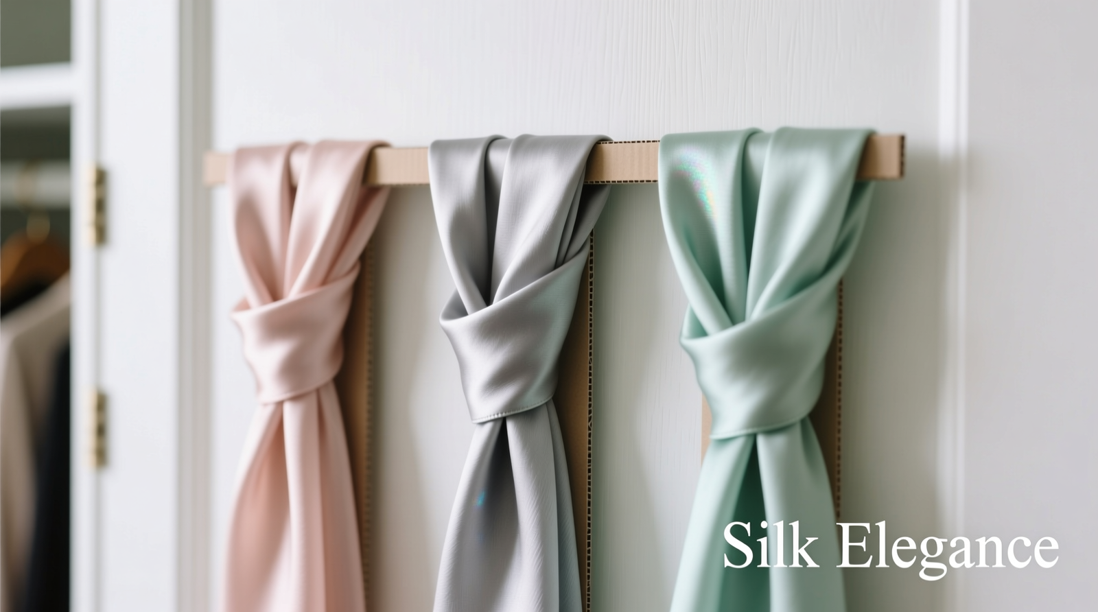 Close-up photo showing three silk scarves draped vertically over thin, upright cardboard strips mounted on a white closet door; each scarf is folded lengthwise once and rests smoothly without sagging, slipping, or visible creases at the fold line.