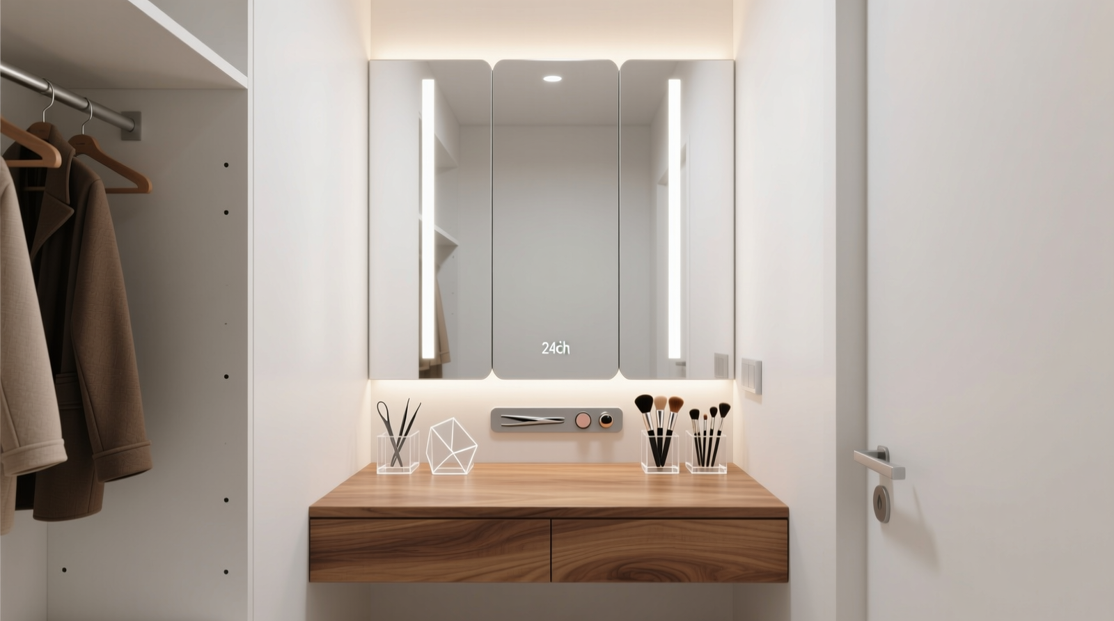 A compact, light-filled coat closet transformed into a streamlined makeup vanity: white-painted walls, floating walnut countertop, mirrored back panel, vertical LED light bar, acrylic brush trays, and magnetic tool strip—all fitting neatly within a standard 24-inch-wide footprint.