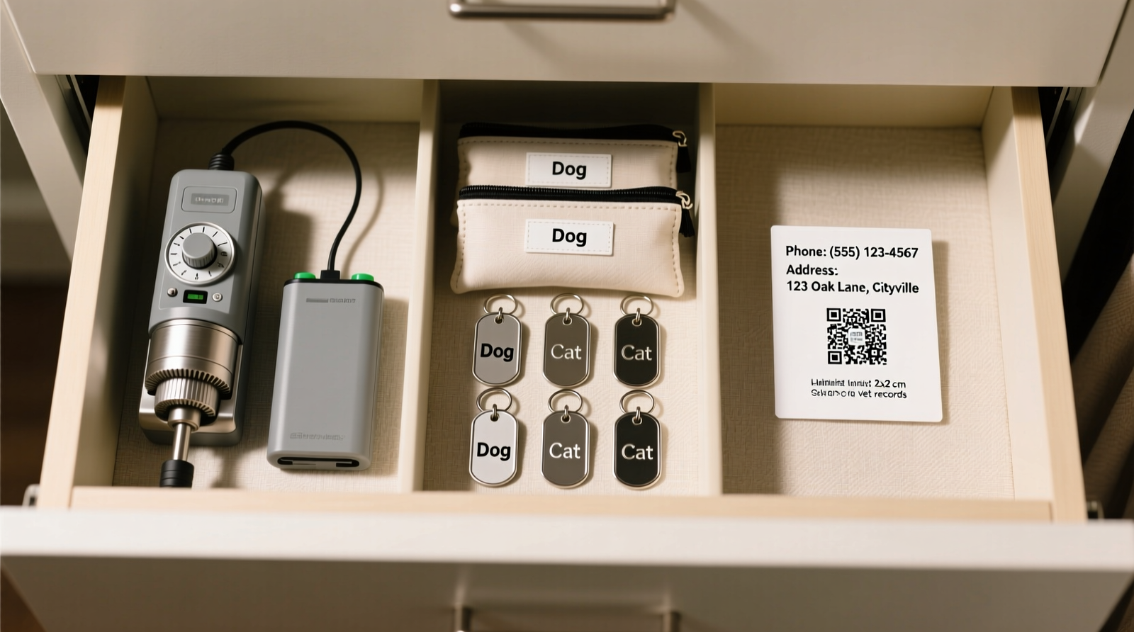 Close-up of a minimalist closet vanity interior showing a compact rotary engraver mounted vertically on the left door panel, next to a magnetic tin holding gleaming stainless steel pet ID tags, with engraved stencil cards and a microfiber cloth neatly arranged on the vanity shelf below