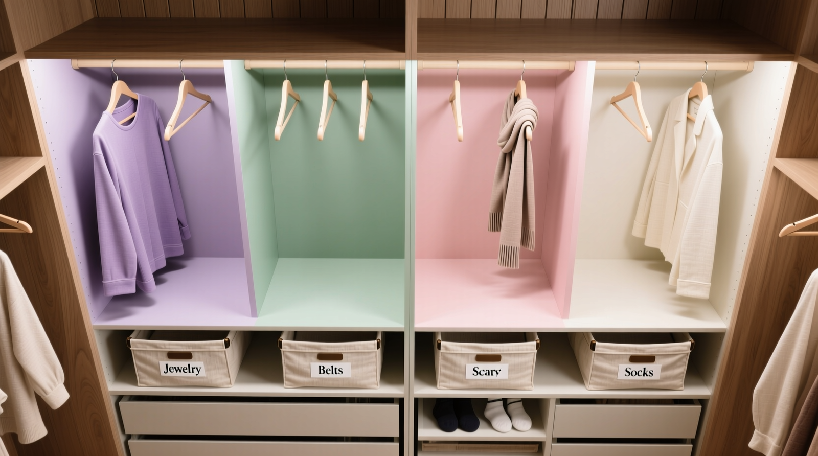 Overhead photo of a neatly organized closet with labeled fabric bins for accessories, color-blocked hanging sections, and precisely spaced hangers—showing exactly how 'breathing room' looks in practice