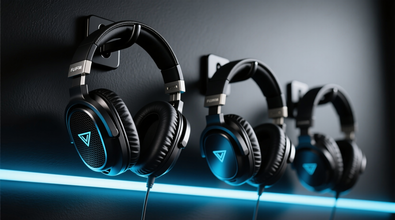 Three gaming headphones mounted vertically on an acrylic stand with labeled zones: top cradle (headband support), mid-cradle (earcup suspension), and base vent (airflow gap)