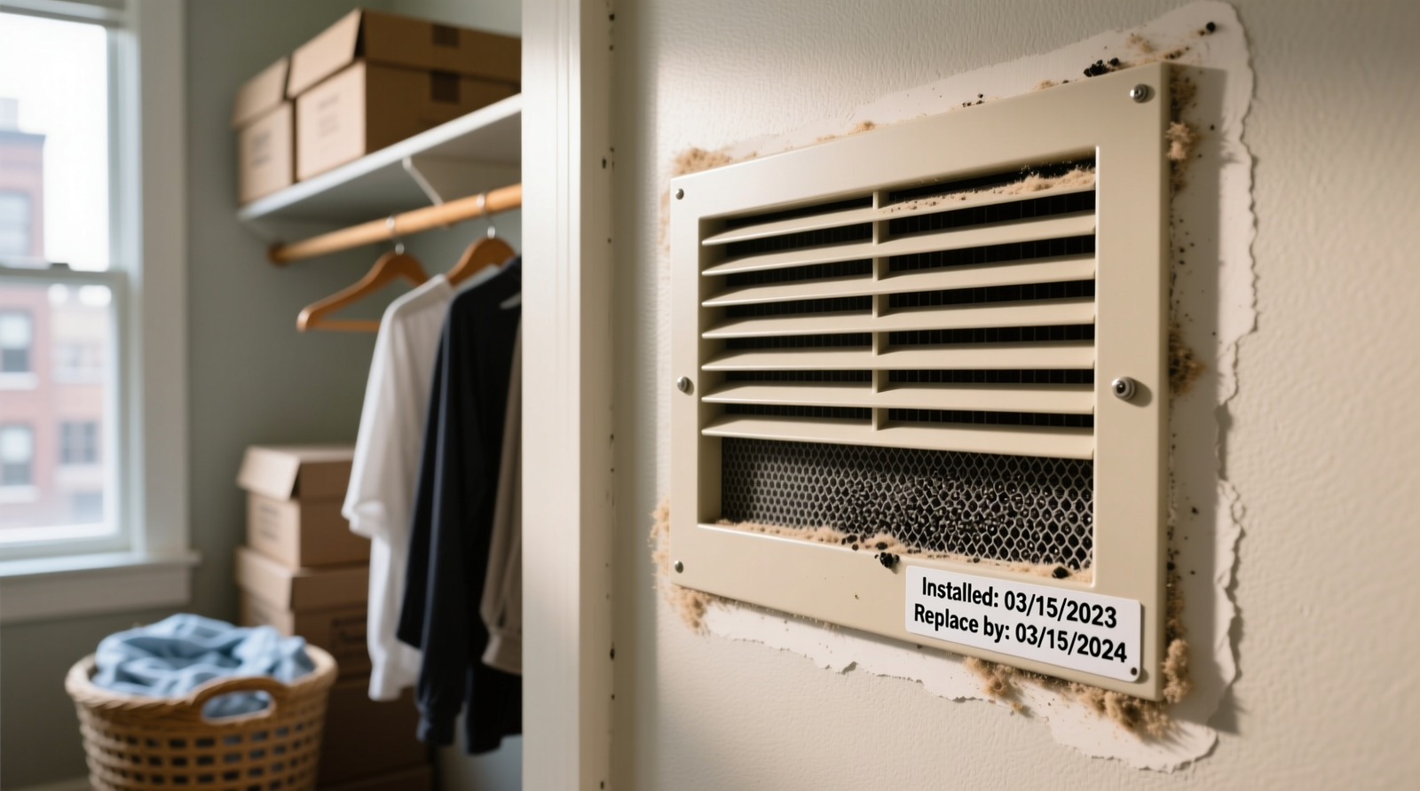 Close-up photo of a standard apartment closet interior showing a discreet HVAC return grille fitted with a 2-inch carbon-MERV-13 filter, labeled with installation date and replacement reminder