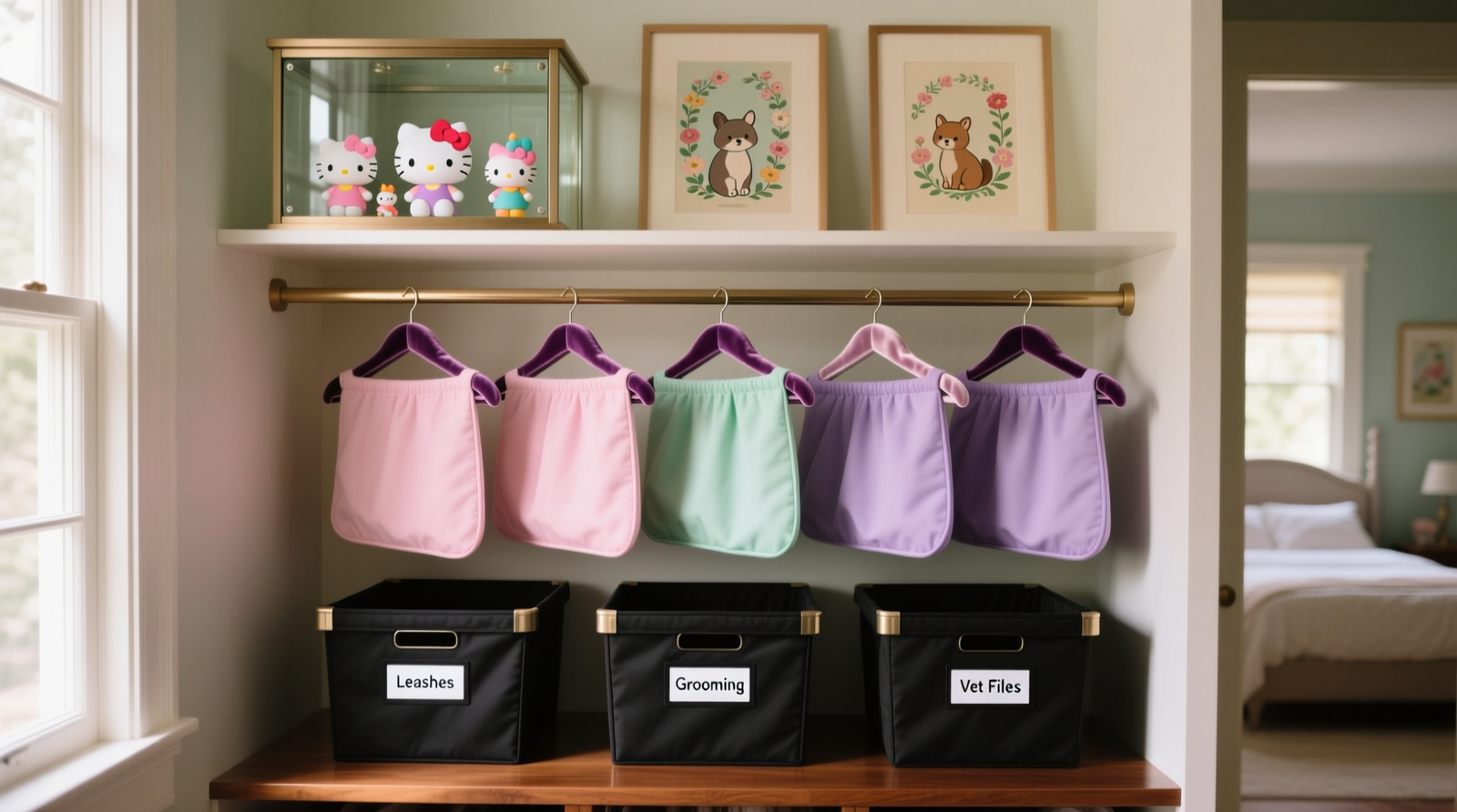 A well-lit closet showing three clearly labeled vertical zones: glass-front upper shelf holding Sanrio figurines and framed prints, middle section with pastel-colored cotton garment bags on velvet hangers, and lower section with matte black sealed bins labeled 'Leashes', 'Grooming', and 'Vet Files'