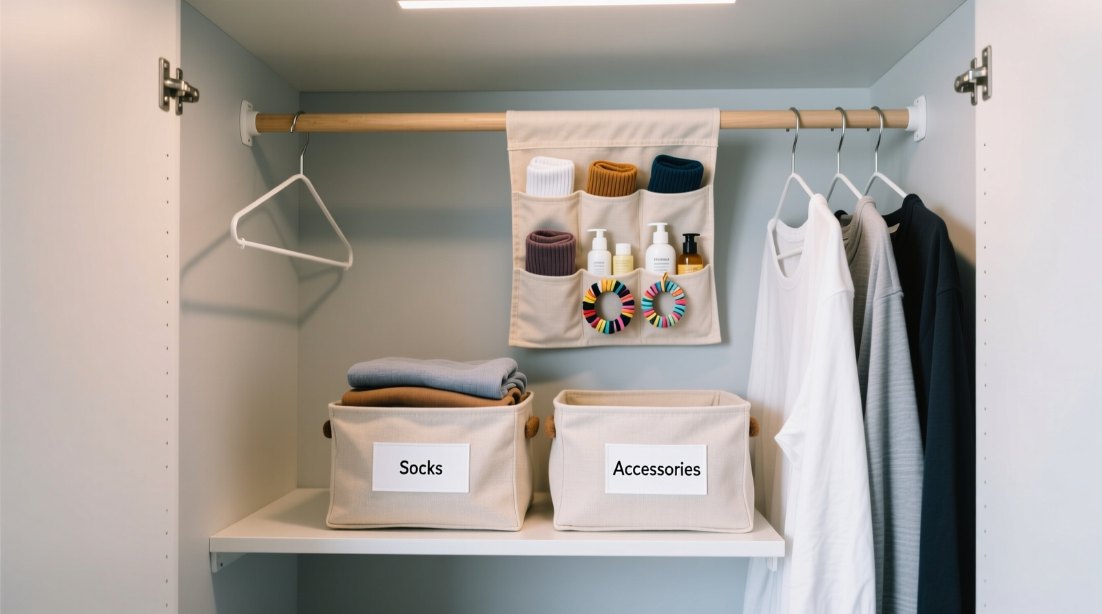 A compact dorm closet showing a tension rod with slim hangers, two labeled fabric bins on the lower shelf, and a canvas over-the-door organizer holding rolled socks, hair ties, and travel-sized shampoo bottles