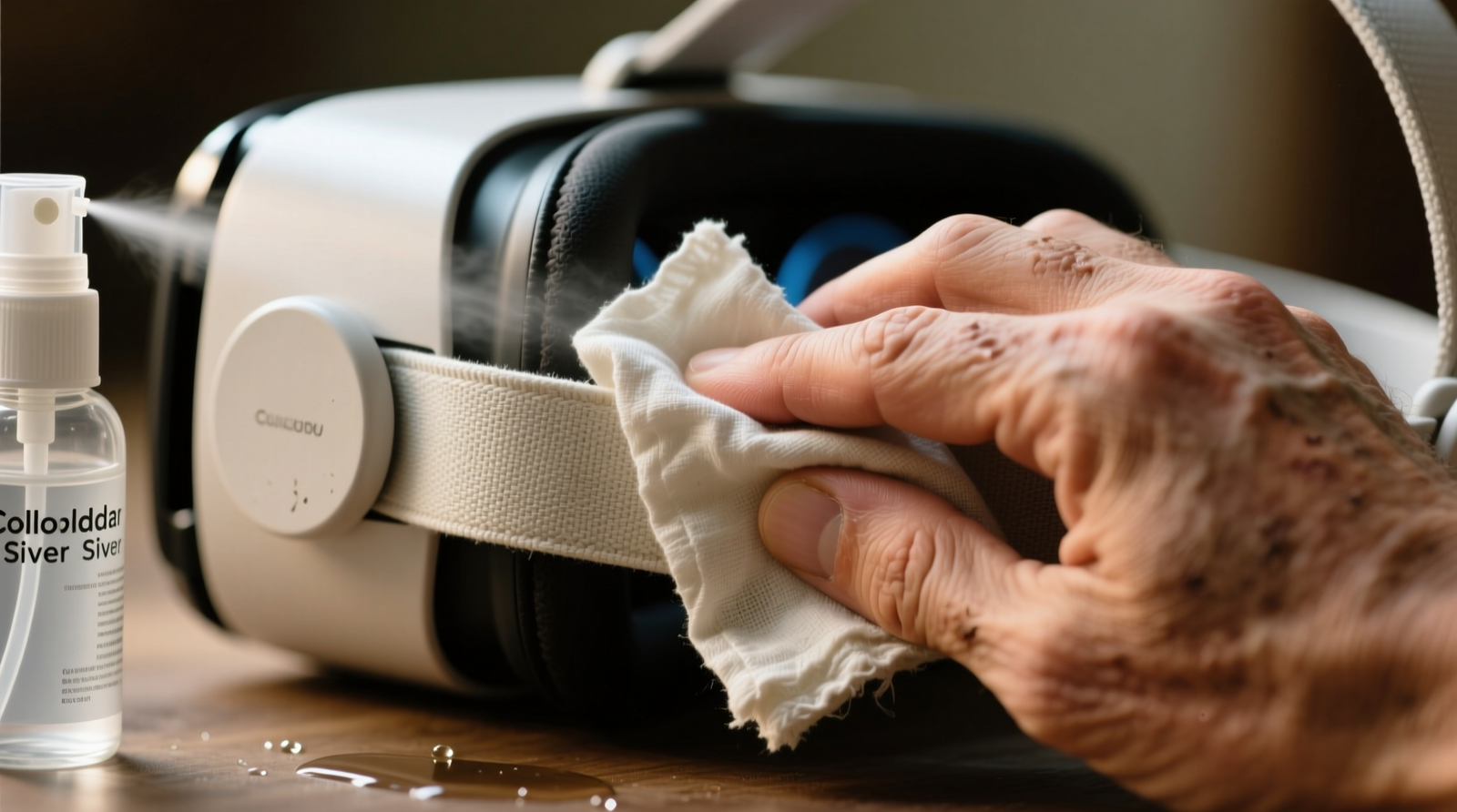Close-up of a hand using a folded, off-white hemp cloth to gently wipe the padded underside of a VR headset strap, with a fine-mist colloidal silver spray bottle held just out of frame—no liquid pooling visible, cloth visibly dry-to-the-touch.