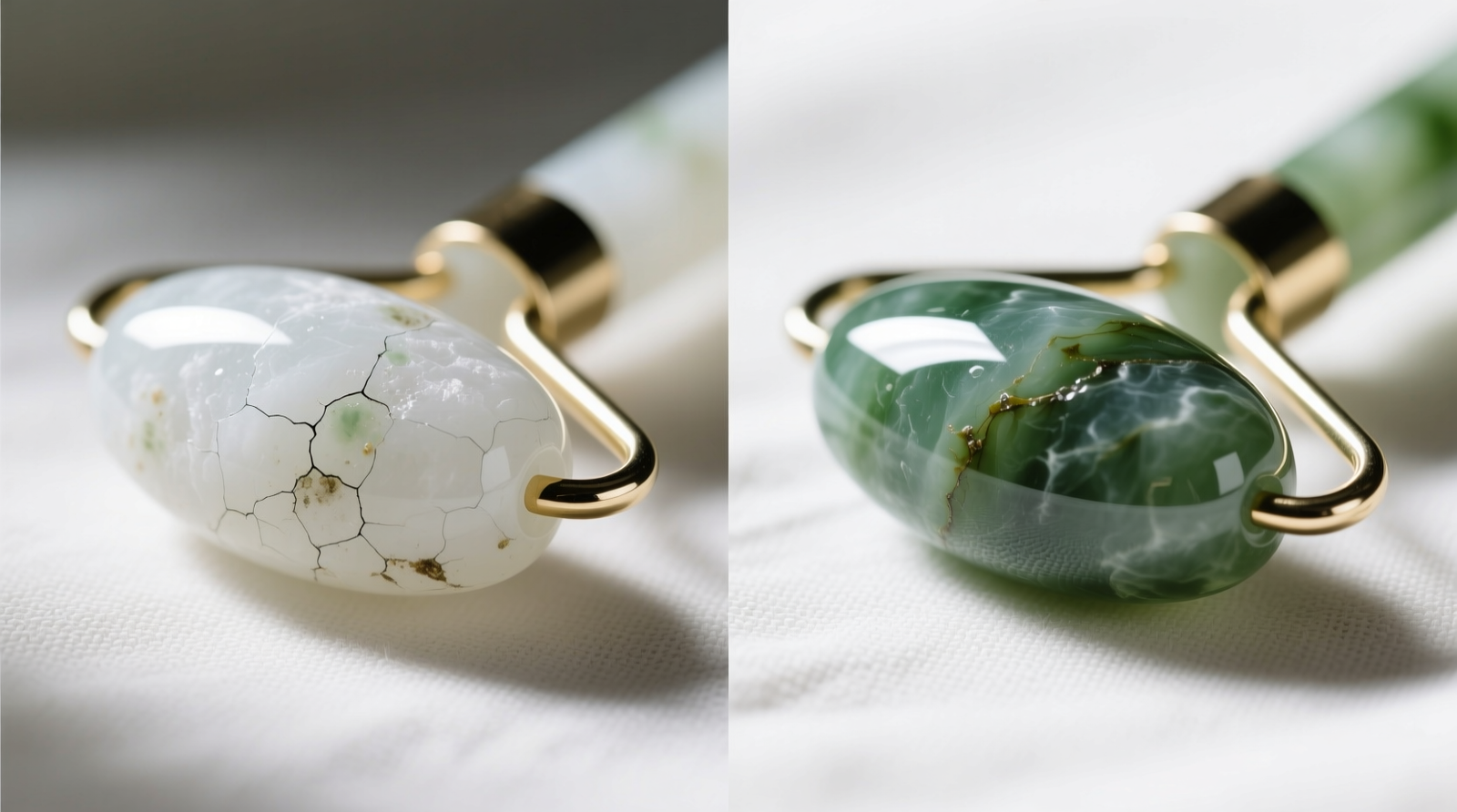 A smooth, cool jade roller partially submerged in a clear glass bowl of pale green tea, with ice cubes visible at the rim and a linen cloth laid beside it—showing precise, minimalist, temperature-controlled sanitization in action