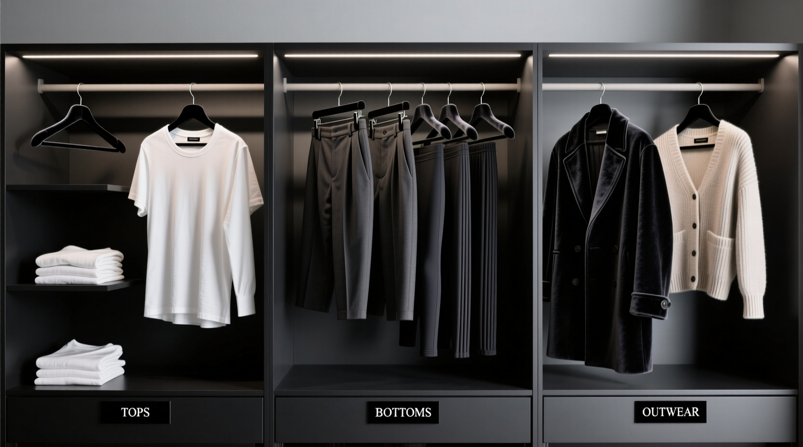 A minimalist black closet with three clearly demarcated vertical zones: top hanging zone with structured wool blazers and trousers on uniform hangers, middle shelf with folded cashmere and ribbed knits showing textured edges, bottom drawer with smooth black silk camisoles laid flat on felt-lined surface
