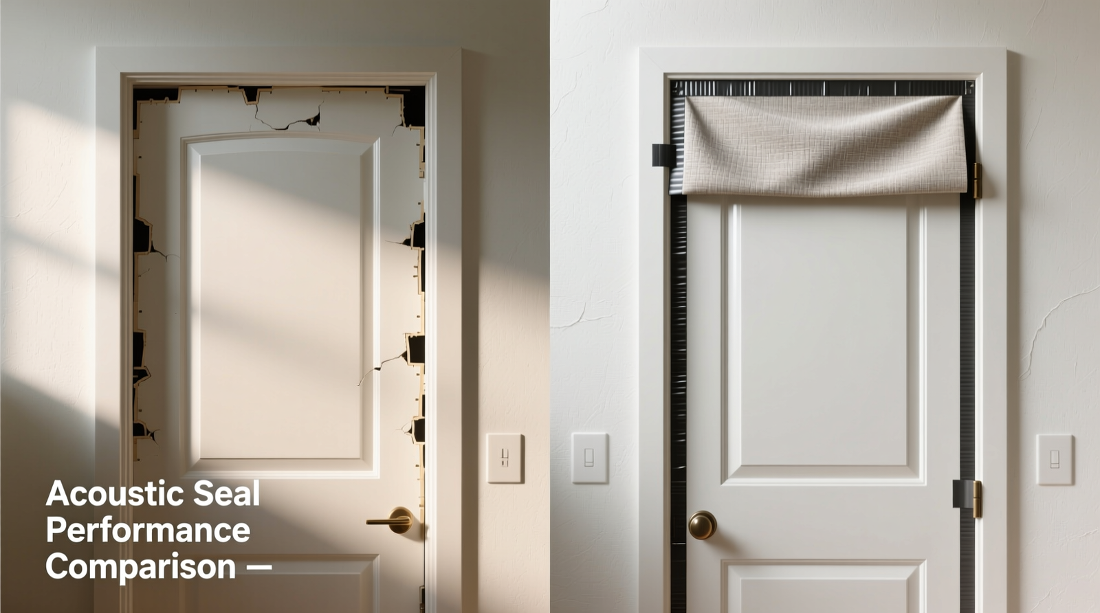 Side-by-side comparison: a standard hollow-core closet door with visible gaps versus the same door sealed with acoustic gasket tape and topped with a mass-loaded vinyl layer covered by fabric