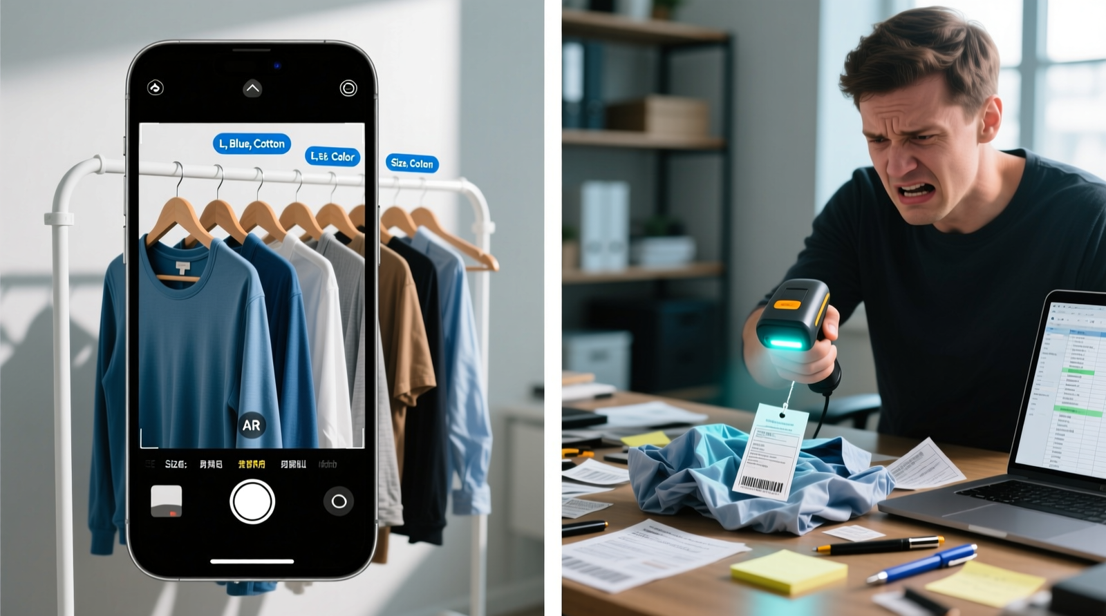 Side-by-side comparison: left shows smartphone camera focused on a neatly hung row of tops with overlay tags appearing in real time; right shows a person holding a handheld barcode scanner aimed at a crumpled shirt tag, with a frustrated expression and a cluttered desk of printed labels