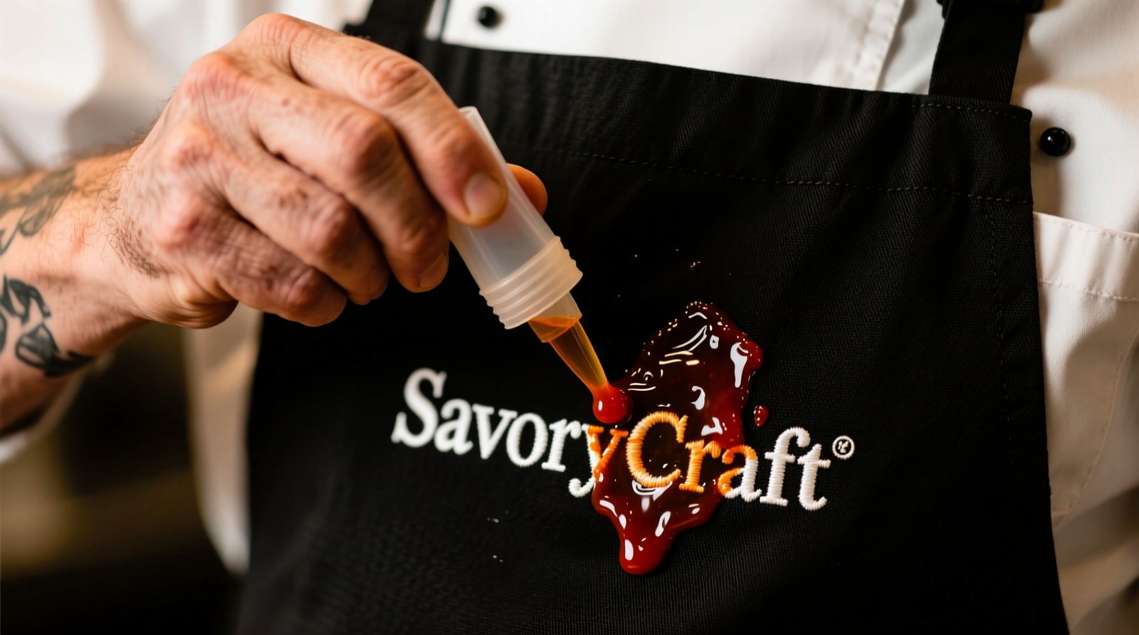 Close-up macro photograph of a chef's black cotton-polyester apron showing a dried crimson hot sauce stain beside a clean patch; adjacent droplets of whole milk sit on fabric without beading, indicating successful wettability without coating breakdown