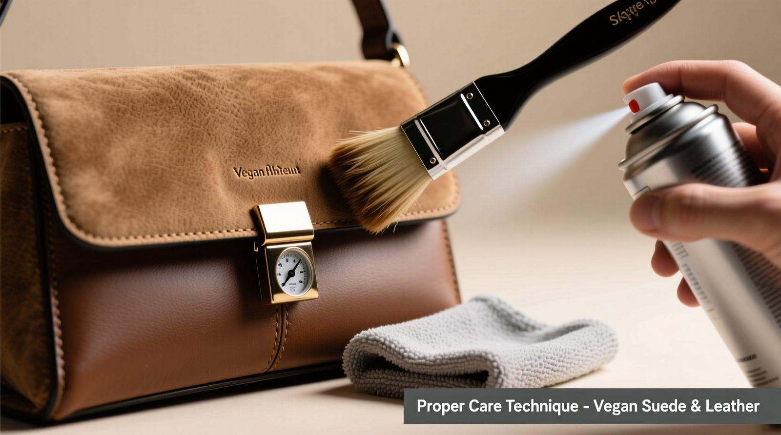 Close-up of a magnetic closure purse showing proper brushing technique on vegan suede panel, microfiber cloth on adjacent leather section, and compressed air can held at safe distance from seam