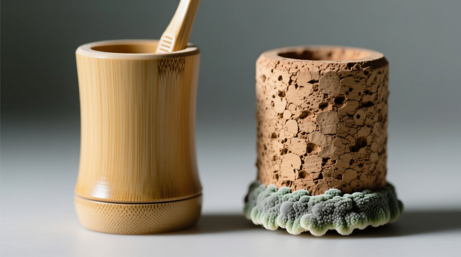 Side-by-side macro photography of a UV-coated bamboo toothbrush holder and an uncoated cork holder, both placed in identical humid bathroom conditions for 45 days; visible greenish biofilm only on cork base, bamboo remains uniformly smooth and clean