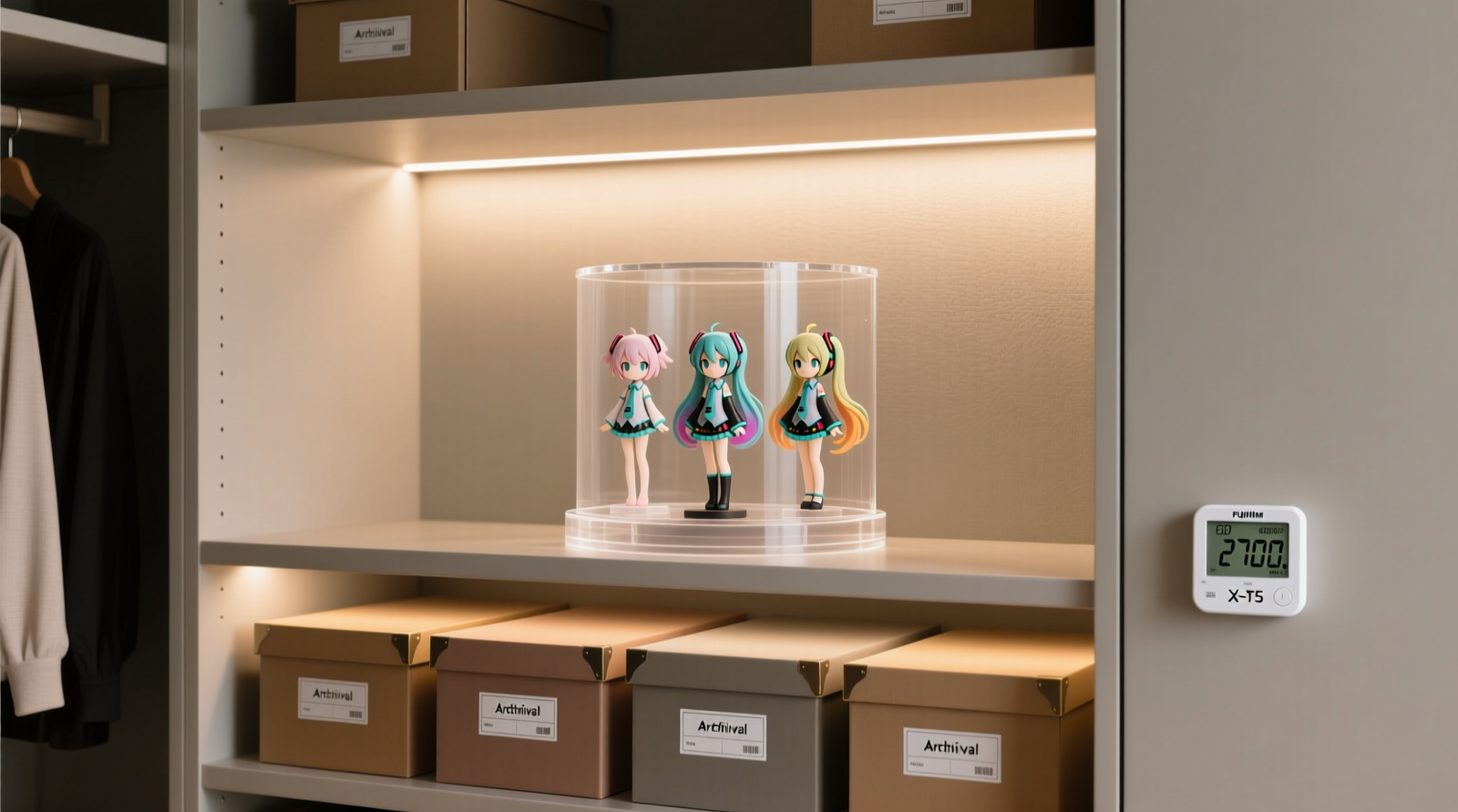 A minimalist, climate-controlled closet section showing labeled archival boxes on lower shelves, a rotating acrylic display stand with three anime figures under soft LED lighting, and a digital hygrometer mounted discreetly on the cabinet frame