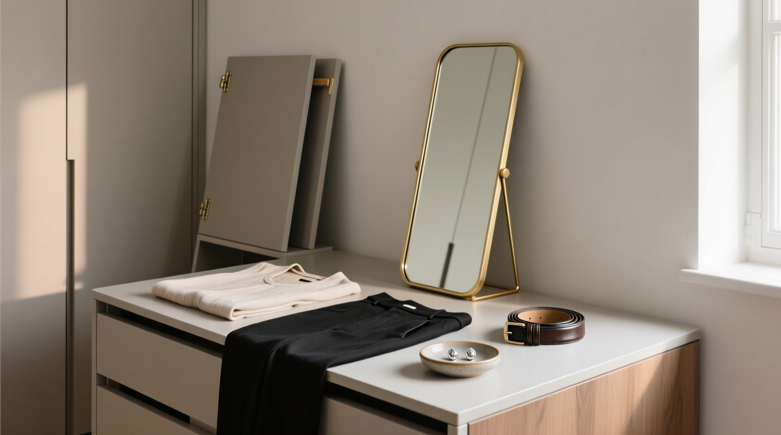 Foldable closet island deployed beside a minimalist wardrobe: neutral linen top and black trousers laid flat on its surface, a slim brass mirror angled upright, leather belt coiled beside a ceramic dish holding two stud earrings. The island is folded vertically against the wall in the background, showing its slim 9-inch profile.