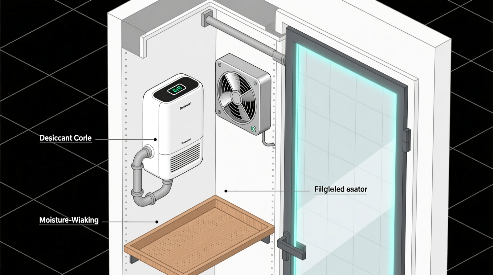 Cross-section diagram showing a closet with interior-mounted desiccant dehumidifier, discreet wall-mounted fan with hygrometer sensor, sealed door gasket, and moisture-wicking cedar shelf liner