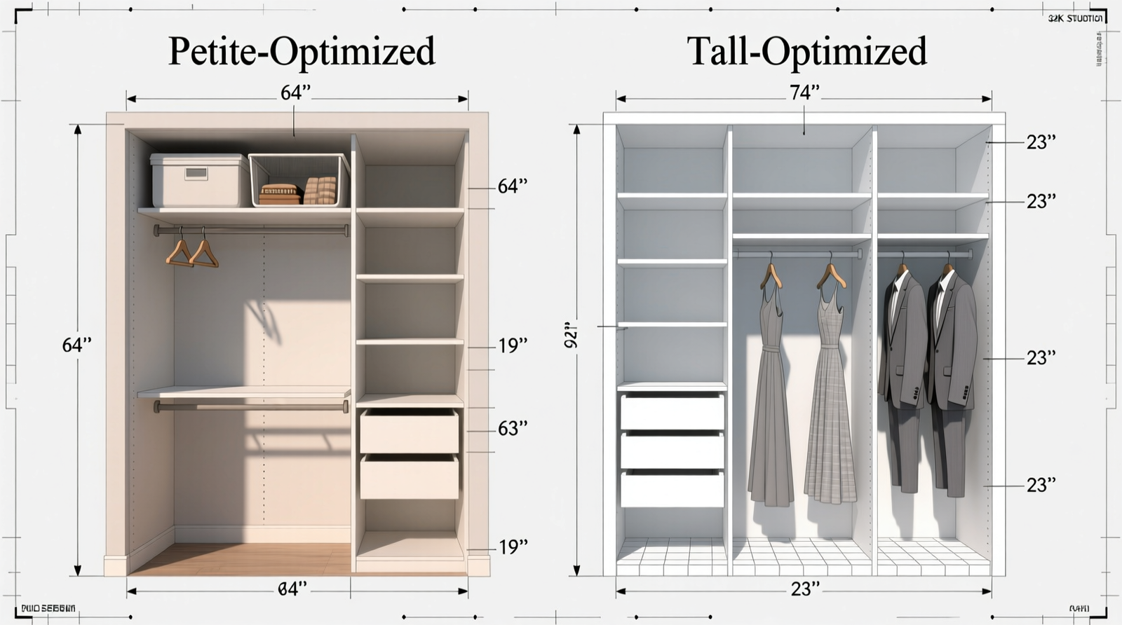 Side-by-side diagram showing two closet interiors: left labeled 'Petite-Optimized' with lower hanging rod at 64 inches, shallow 19-inch shelves, and pull-down overhead bin; right labeled 'Tall-Optimized' with upper rod at 74 inches, deeper 23-inch shelves, and floor-to-ceiling vertical dividers anchoring long garments