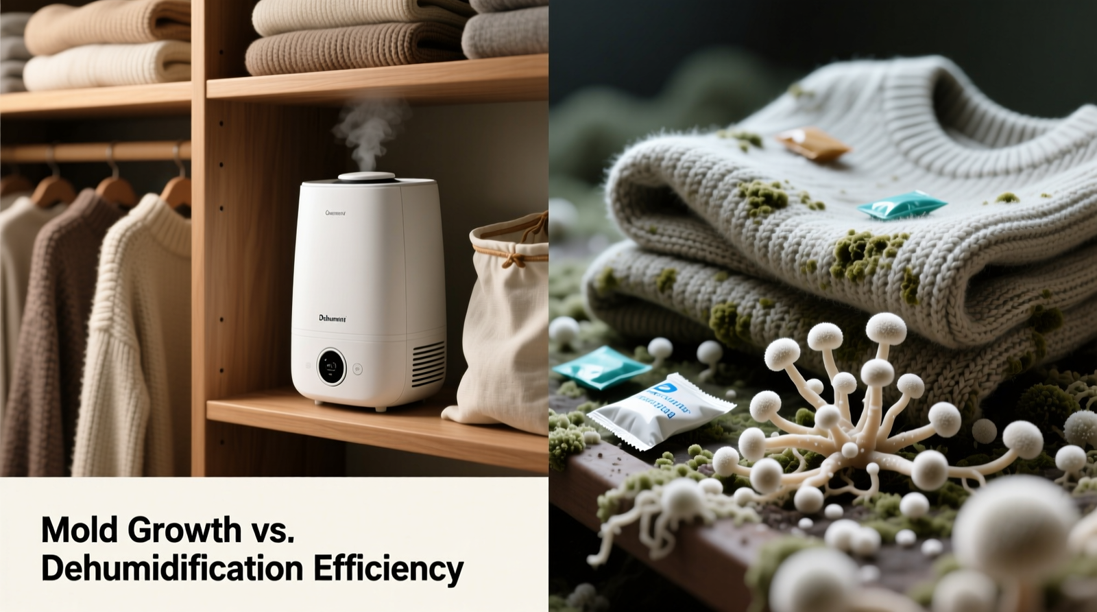 Side-by-side comparison: left shows a compact closet dehumidifier placed on a shelf beside neatly folded cashmere sweaters in breathable cotton bags; right shows scattered, discolored silica gel packs beneath a damp-looking cashmere fold with visible white fungal bloom under magnification