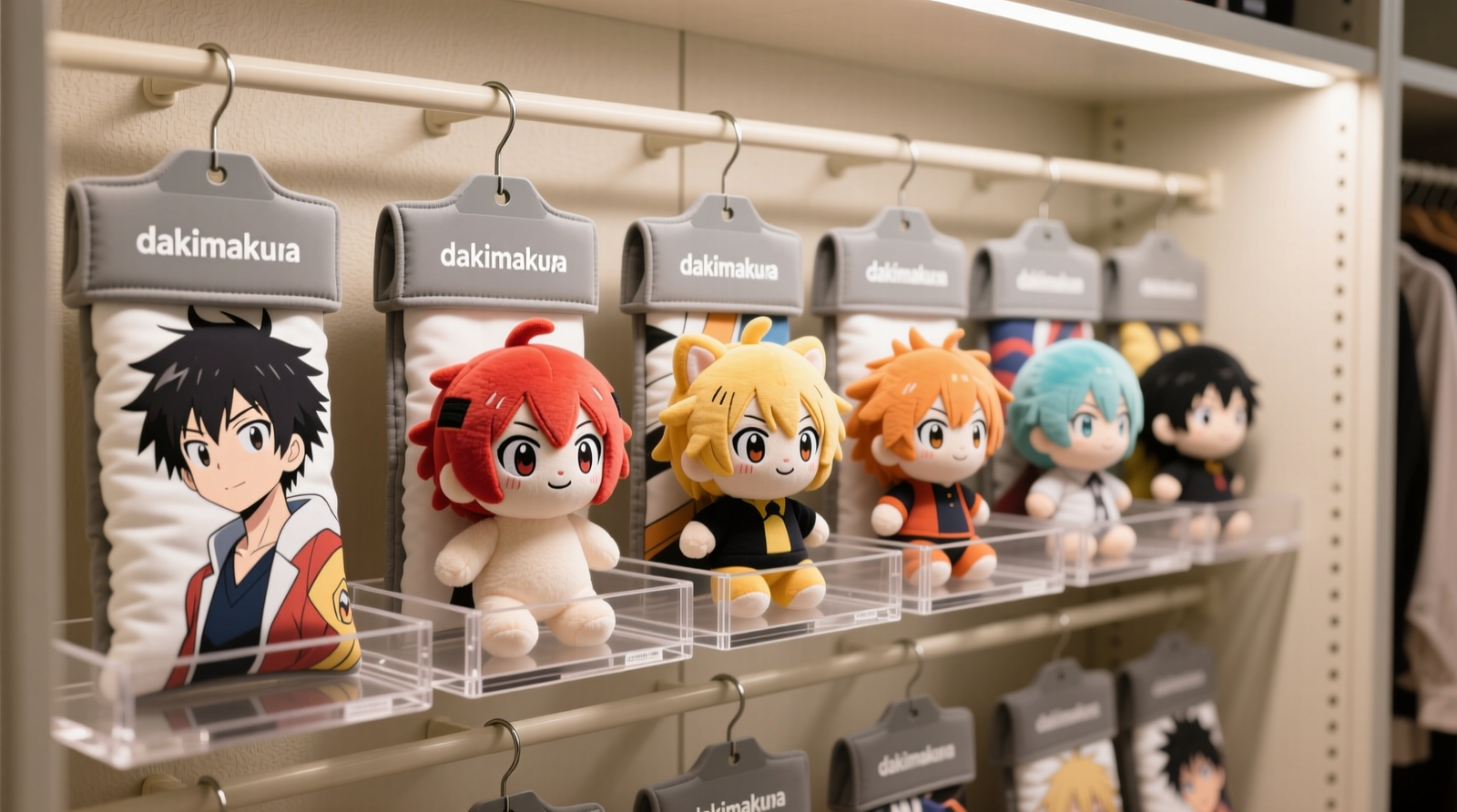 A well-organized closet section showing anime plushies standing upright on shallow, ventilated acrylic shelves with labeled, padded hangers holding dakimakura covers; all items spaced evenly, no visible dust, soft indirect lighting