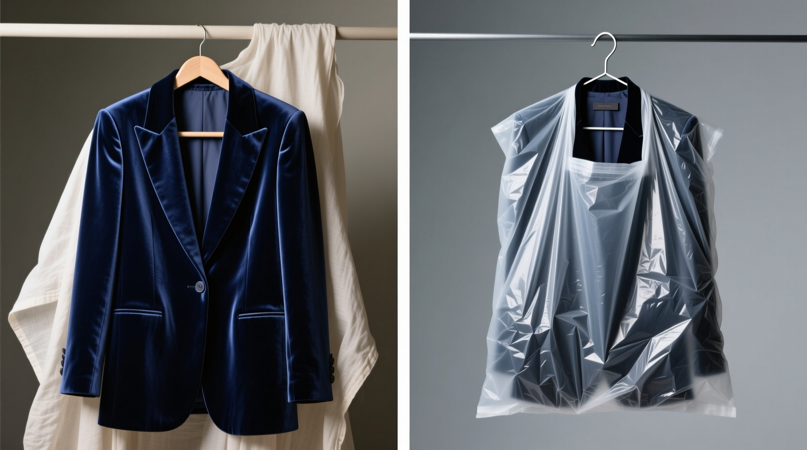 Side-by-side comparison: left shows a velvet blazer hung on a wide padded hanger inside a loose cotton muslin cover with ample clearance; right shows same blazer crushed under plastic bag on narrow wire hanger with visible shoulder dimpling and flattened collar pile