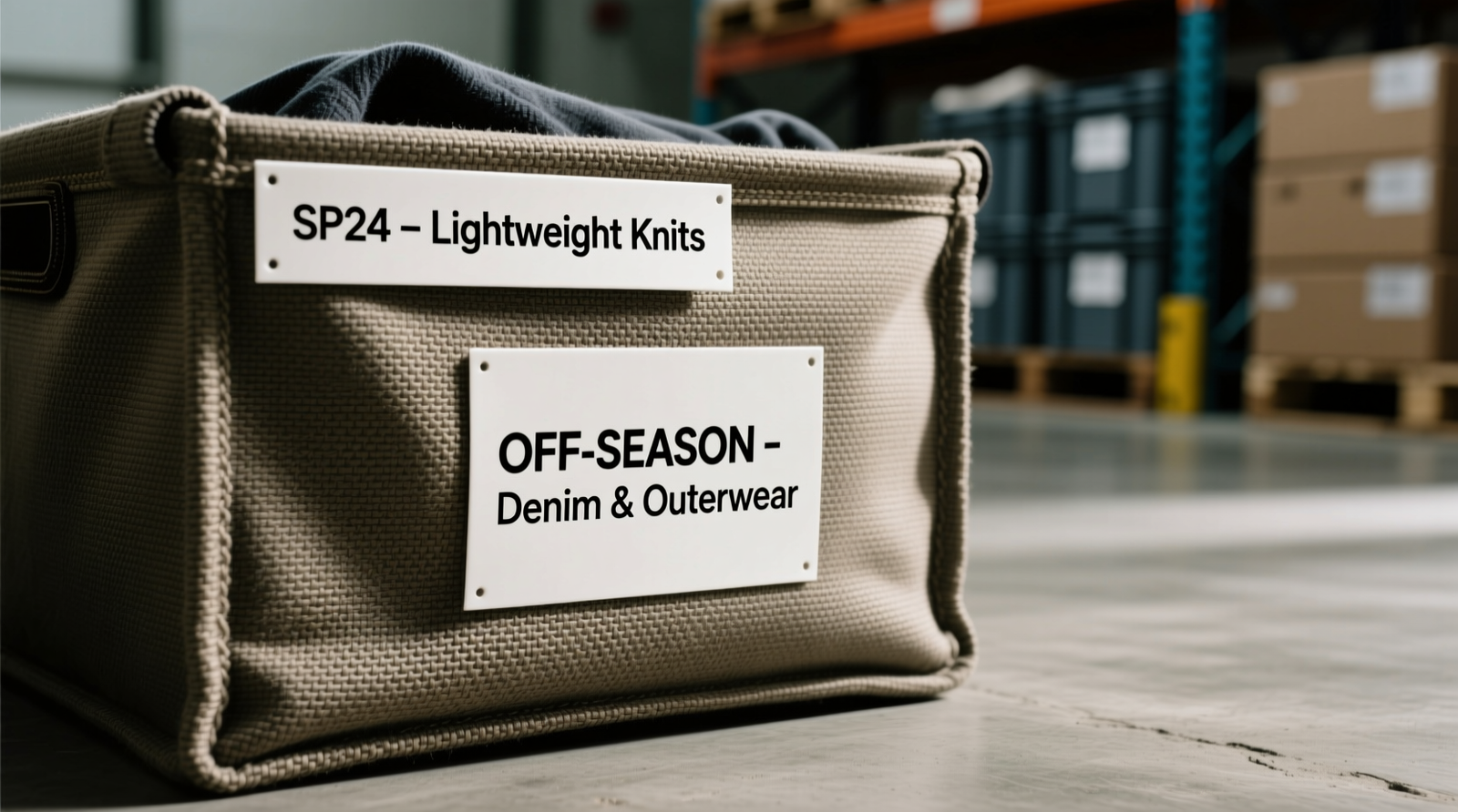 Close-up of matte-finish thermal labels affixed to woven garment storage bins: one reads 'SP24 – Lightweight Knits', another 'OFF-SEASON – Denim & Outerwear', all aligned at consistent height with clean sans-serif font