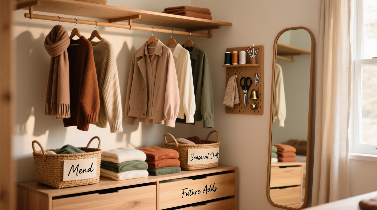 A warm-toned closet with mixed hanging rods, open woven baskets labeled 'Mend', 'Seasonal Shift', and 'Future Adds', folded sweaters in shallow oak drawers, and a small pegboard with visible sewing supplies beside a full-length mirror