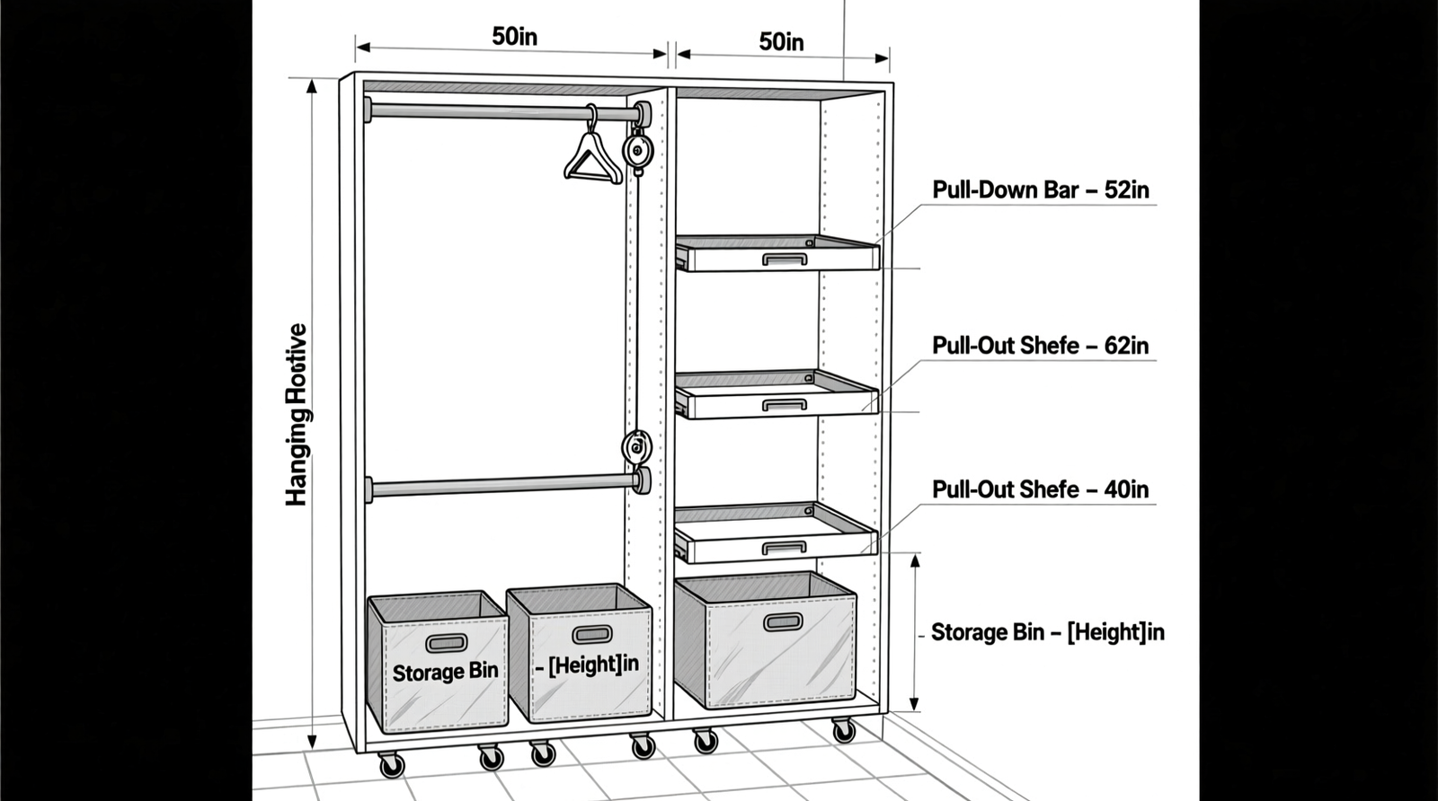 Side-view diagram of an adaptive closet showing three labeled zones: Primary Access Zone (36–54 inches high) with hanging rods and open bins, Secondary Zone (24–36 inches) with low shelves and pull-out trays, and Low-Use Zone (floor and top shelf) with labeled, sealed totes