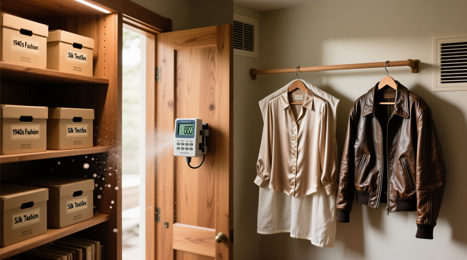 Side-by-side comparison: left shows a calibrated digital hygrometer mounted at eye level inside a cedar-lined closet with labeled archival boxes; right shows a vintage silk blouse and leather jacket hung on padded hangers with breathable cotton covers, both positioned away from exterior walls and HVAC vents