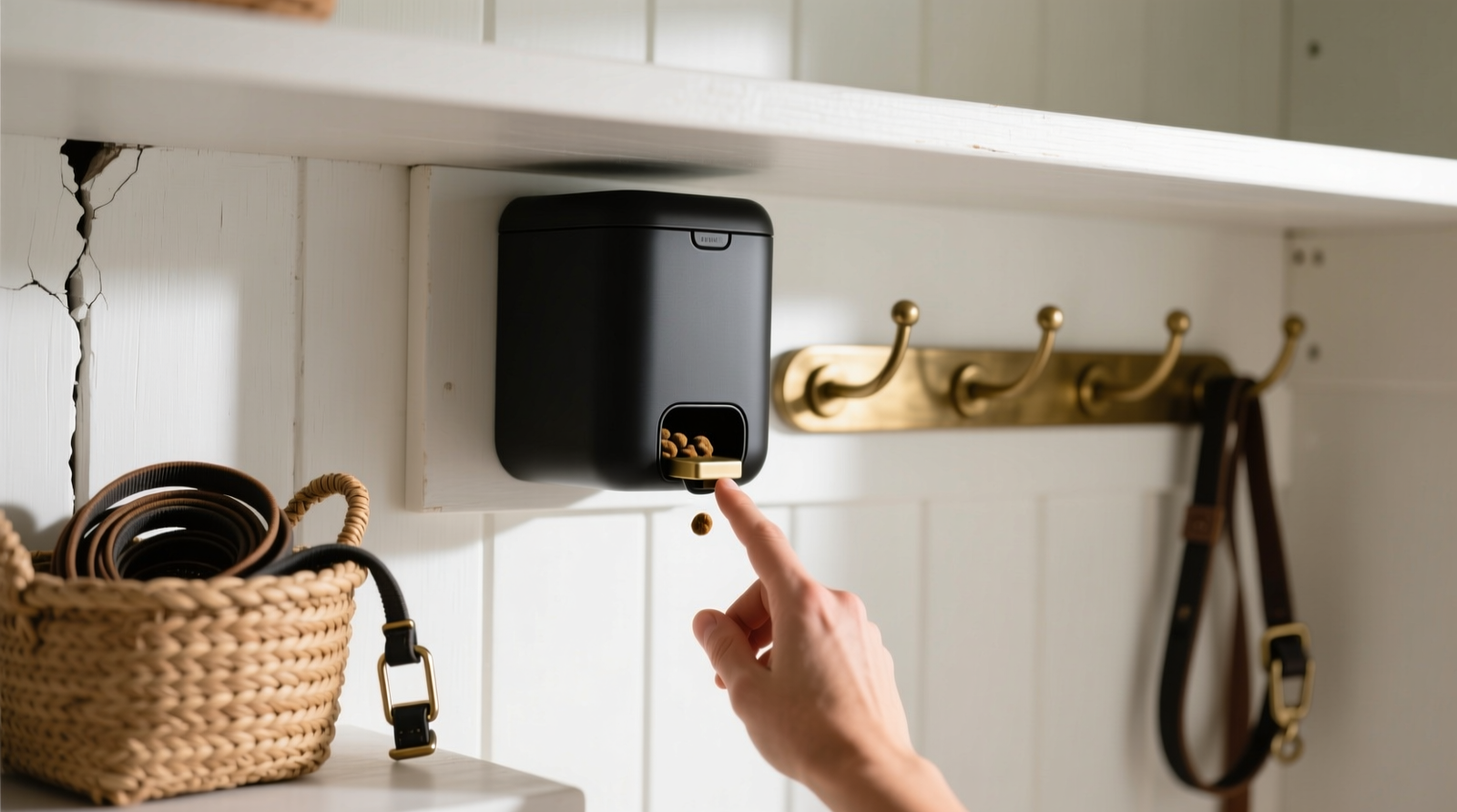 Close-up of a white-painted wooden closet interior showing a matte-black, low-profile pet treat dispenser mounted flush to the underside of an upper shelf, aligned with a hanging coat rack and adjacent to a small woven basket holding leashes. A hand reaches up to release a single treat through the lever.