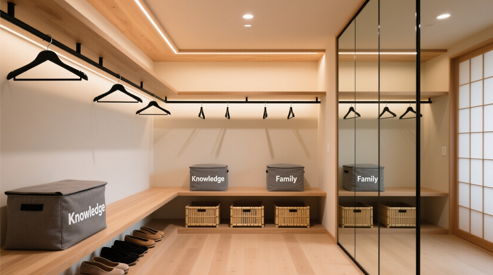 A minimalist closet with light wood shelves, neutral-toned folded sweaters in linen bins, bamboo hangers holding crisp white shirts and charcoal trousers, all spaced evenly with 3 cm gaps—soft morning light filtering through a nearby window