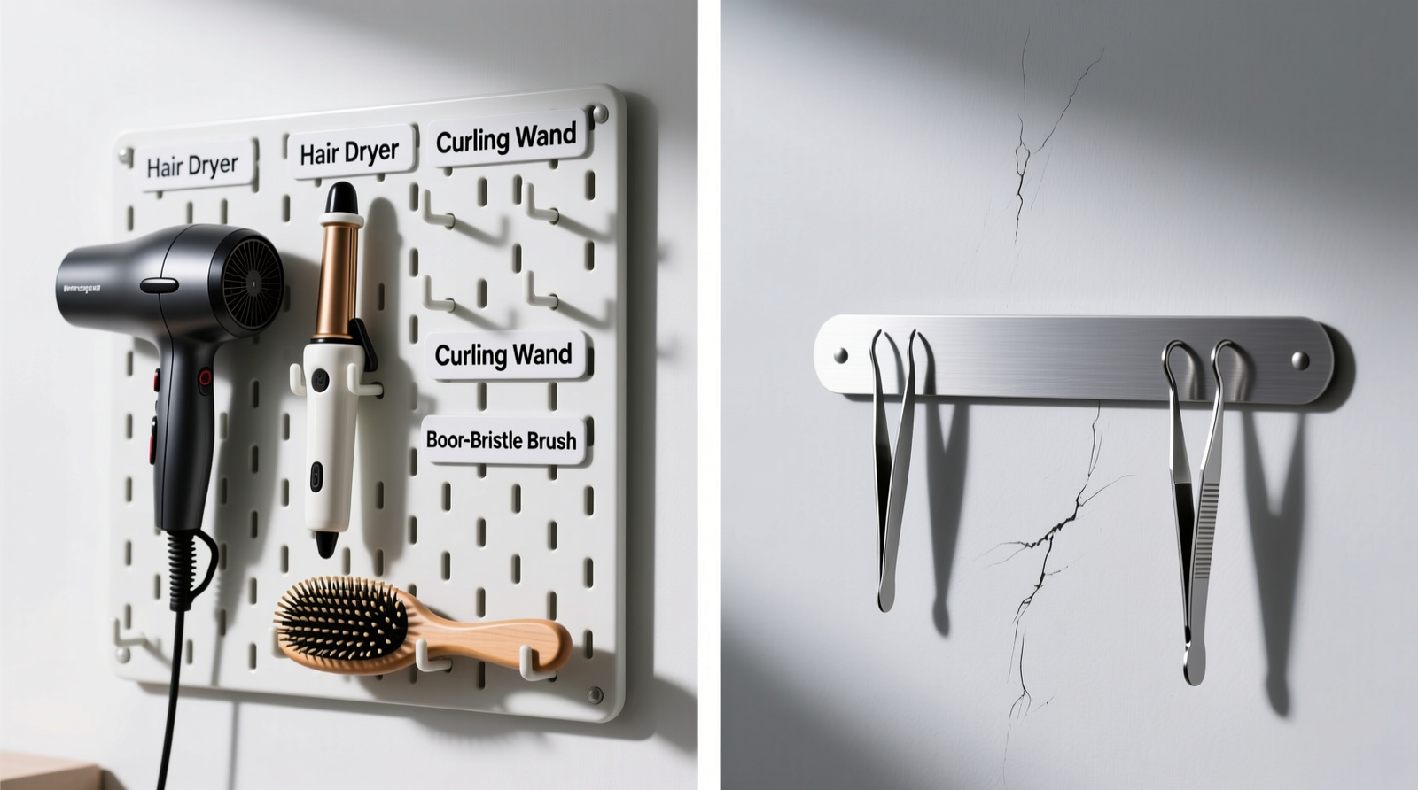 Side-by-side comparison: left shows steel pegboard with labeled hooks holding a hair dryer, ceramic curling wand, and boar-bristle brush; right shows adhesive magnetic strip with only two stainless tweezers attached, visibly sagging at one end