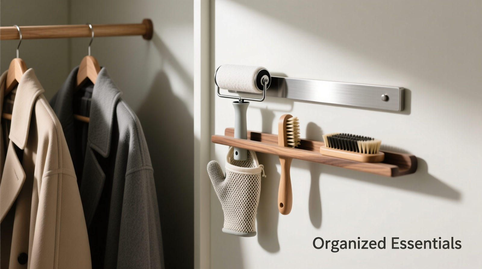 Close-up of a minimalist closet interior showing a narrow vertical strip mounted beside hanging coats, with three labeled tools: a reusable lint roller clipped to a magnetic bar, a rubber grooming glove in a breathable mesh pouch, and a compact bristle brush slotted into a slim wooden rail.
