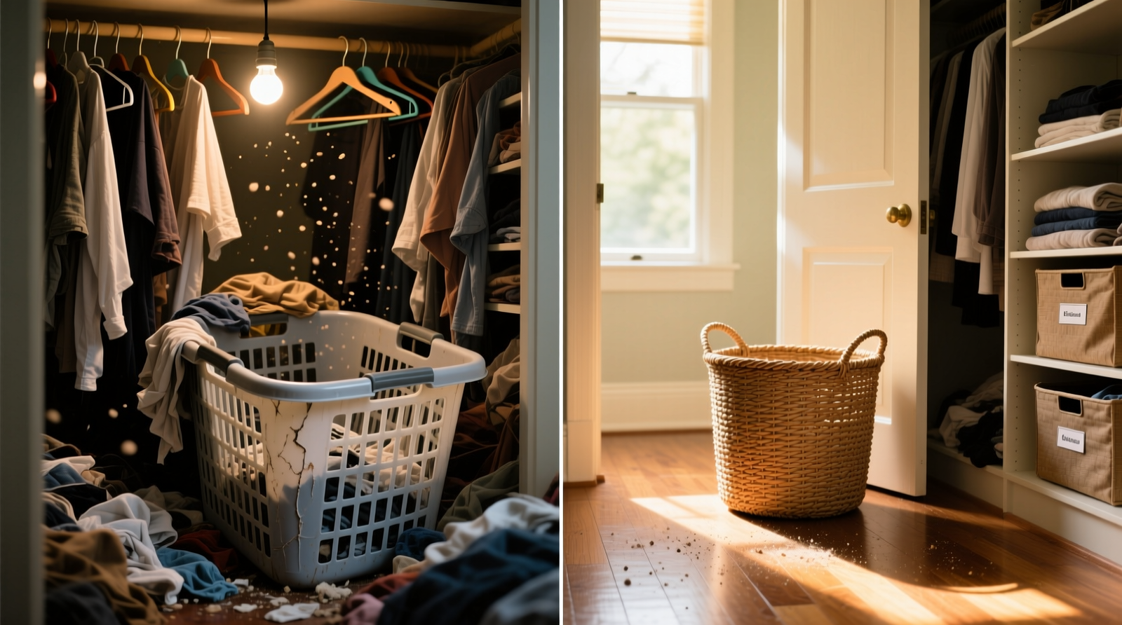 Side-by-side comparison: left shows a standard plastic laundry basket wedged behind hanging clothes in a dark, cluttered closet; right shows a woven seagrass bin on a hardwood floor beside an open closet door, with sunlight streaming across it