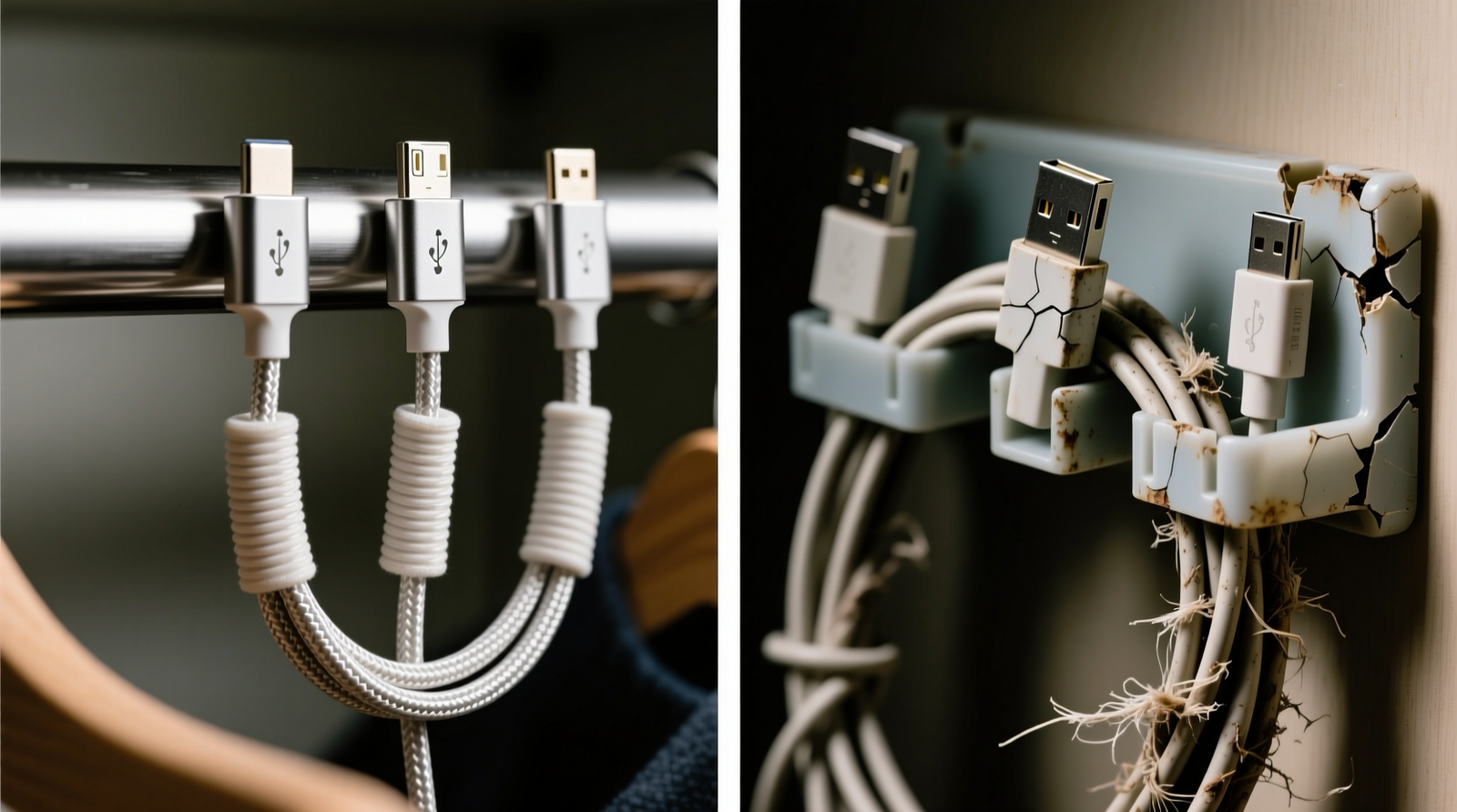 Side-by-side close-up: left shows nylon braided sleeve wrapping three USB-C cables in gentle parallel curves behind a brushed steel closet rail; right shows a plastic cable management kit with cracked clips and kinked cords pinched at sharp angles