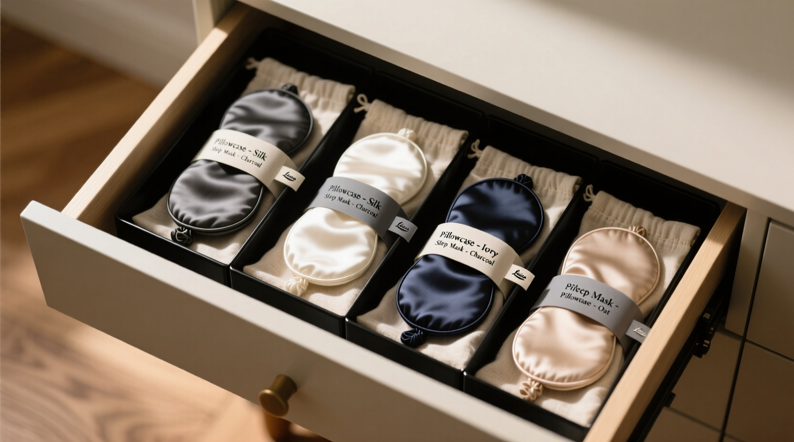 A side-by-side comparison: left shows silk pillowcase neatly laid flat inside an open-weave cotton bag on a ventilated shelf; right shows wrinkled, static-clung silk draped over a plastic hanger in a dark, cluttered closet