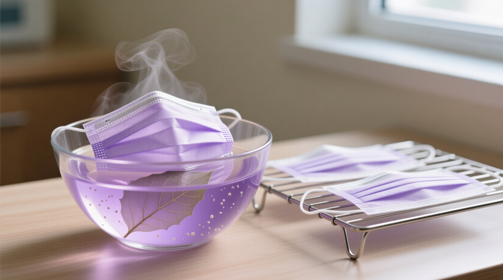 Close-up photograph of a reusable surgical-style mask partially submerged in pale lavender-colored violet leaf infusion inside a glass bowl, with a stainless steel drying rack beside it holding two identical masks lying flat under soft, diffused natural light