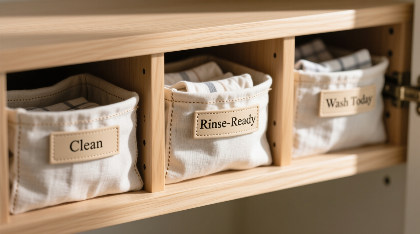 A shallow, light-wood closet drawer divided into three labeled linen pouches: 'Clean', 'Rinse-Ready', and 'Wash Today'—each containing folded cloth pads with visible stitching and natural fabric texture