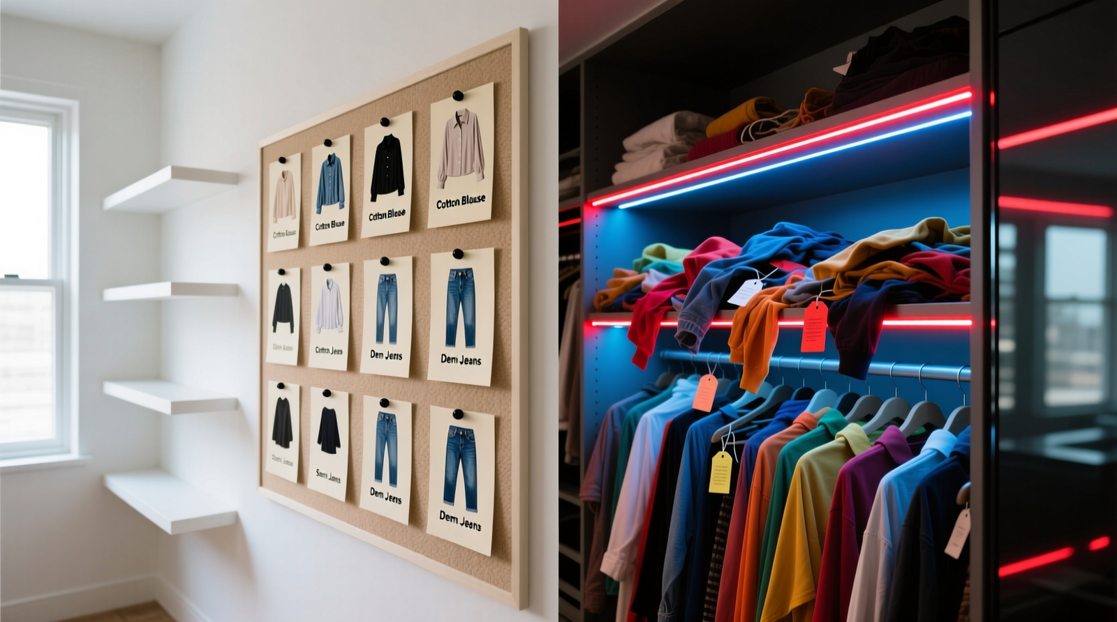 Side-by-side comparison: left shows a minimalist closet with labeled photo cards on a bulletin board; right shows a cluttered smart closet shelf with blinking LED lights and untagged garments spilling off edges